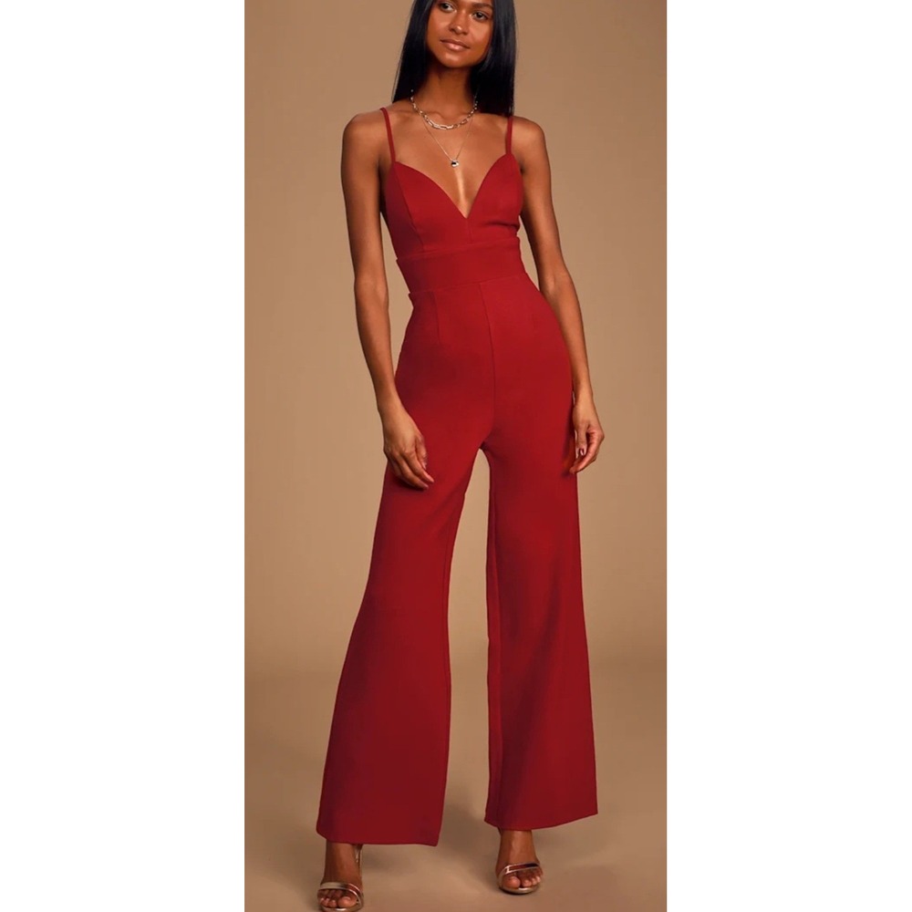 Lulus Wine Red Wide Leg Jumpsuit M Plunge V Neck Strappy Wedding Guest Party